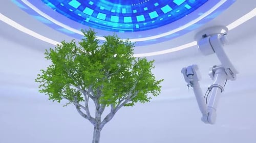 Futuristic robot farm in action. Concept of robotic farming