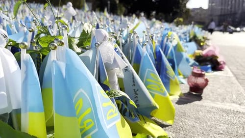 Many Small Flags of Ukraine with Names of the Dead War Against Russia Memorial of the Fallen