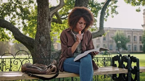Woman Studying on Bench in College Campus Park