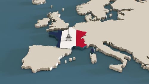 3D Map of Europe with Animated France Flag and Eiffel Tower Reveal
