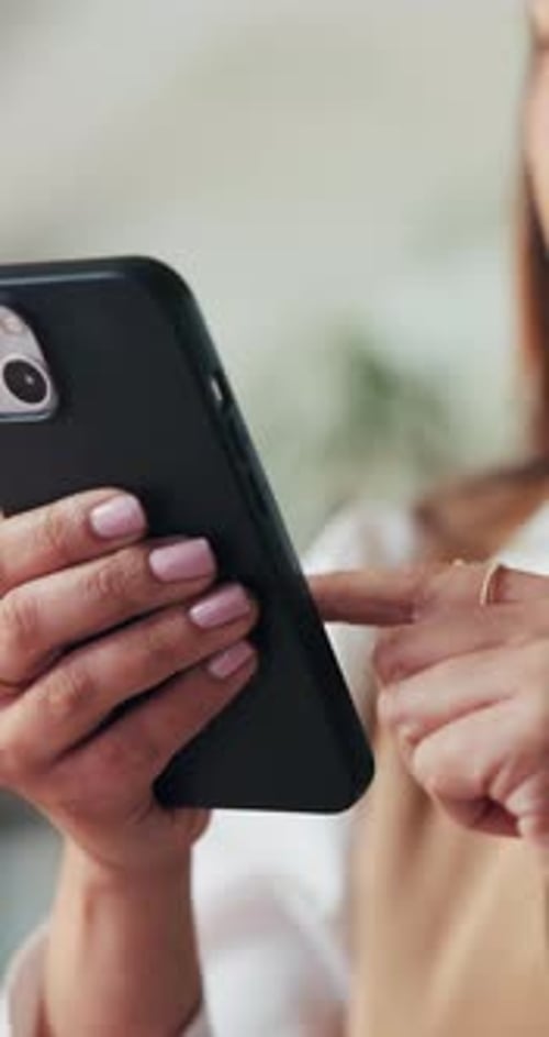 Woman, hands and scroll with phone in office for email feedback, social media and communication