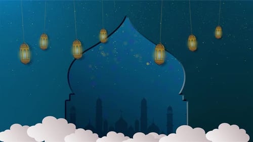 Arabic for Ramadan Kareem Islamic Arabian Traditional Lanterns Crescent and Stars Background