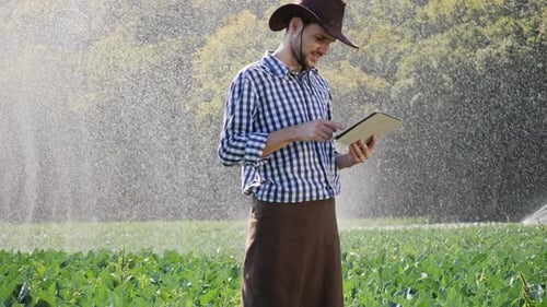 Farmer Using Digital Tablet During Monitoring His Plantation