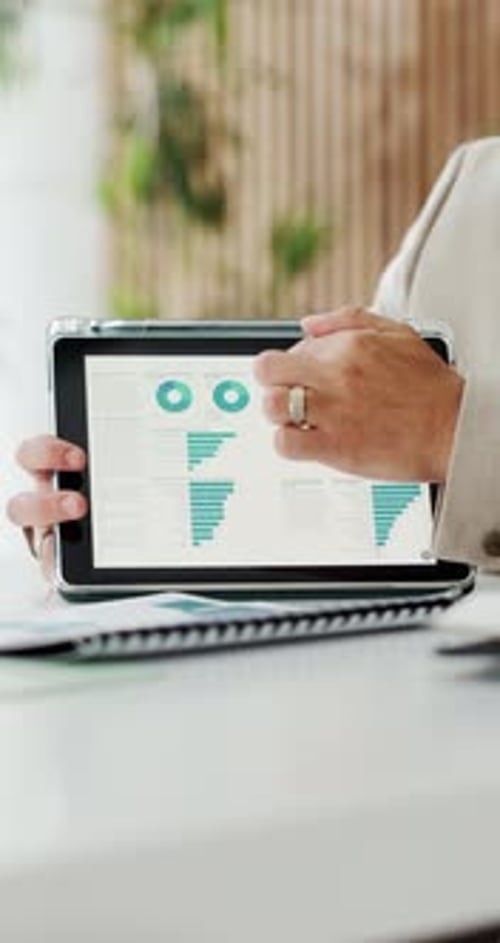 Hands, talking and investor in office, tablet screen for revenue charts and investment deal