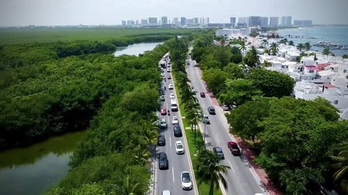 Aerial View of Tropical Urban Road in Cancun Mexico