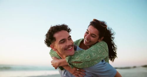 Sea, piggyback and couple on vacation, trip and exploration in nature for romance