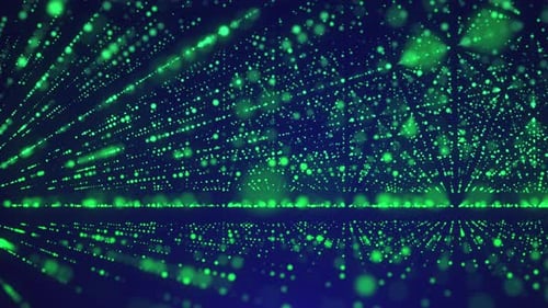 Abstract green light rays on dark gradient background. Endless light corridor with mirror reflection