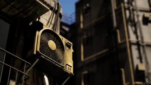 Old Air Conditioning Unit Mounted on a Weathered Building in an Urban Area