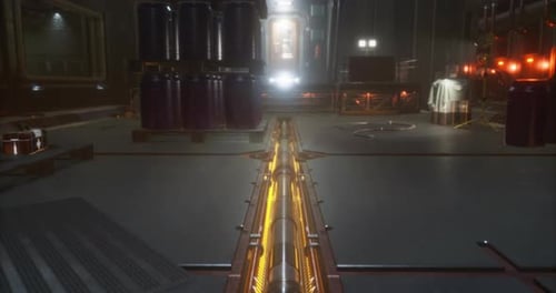 Brightly Lit Industrial Corridor with Glowing Elements and Machinery in View