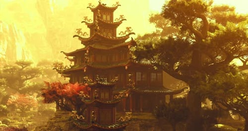Traditional Chinese Architecture Amidst Vibrant Nature During Sunset