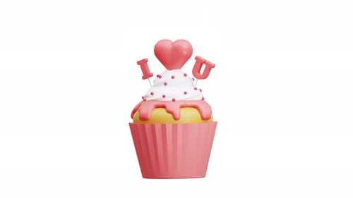 3D-Animation zum Valentinstag, Cupcake, Liebesherz, romantisches süßes Dessertfest