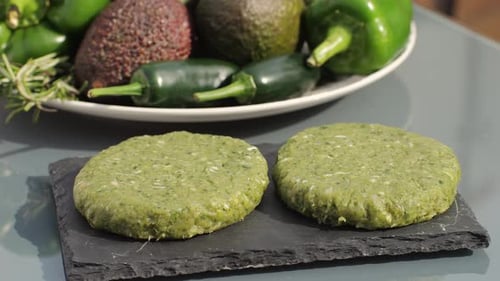 Making Veggie Green Cutlets for Burgers Closeup Vegan Vegetarian Burger Soy Meat Cutlet From