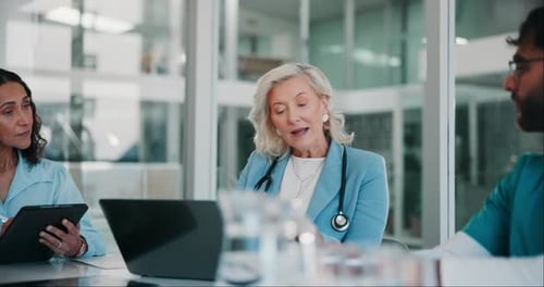 Documents, healthcare and medicine people in boardroom of hospital for meeting