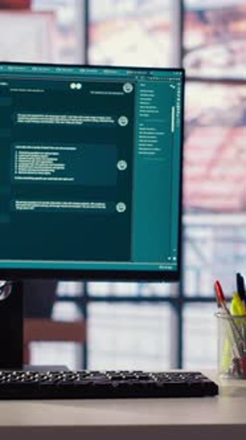 AI LLM Chatbot Software Interface on PC in Home Office Showing Virtual Assistant