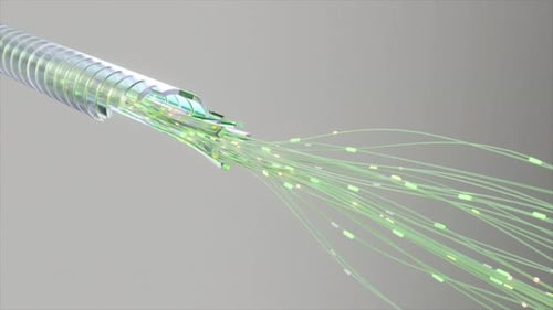 A Closeup of Glowing Green Fiber Optic Cables Showcasing Advanced Data Transmission Technology with