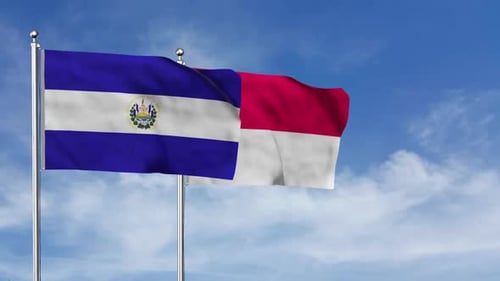 El Salvador and Indonesia Flags Waving on Flagpoles