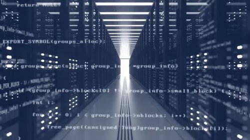 Modern data center with futuristic server rows and code