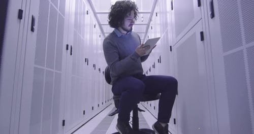 Ingénieur informatique ou spécialiste de la science des données travaillant sur une tablette dans une salle de serveurs dans un cloud moderne