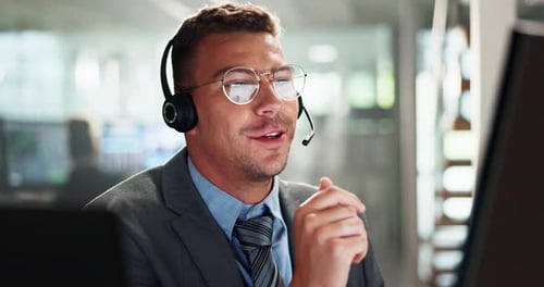 Businessman, consultant and call center with headphones for online advice