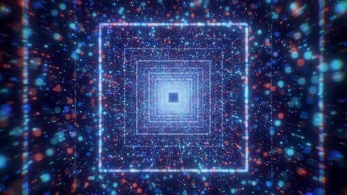 Infinite Neon Light Square Tunnel of Glowing Dot Particles