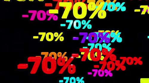 Colorful minus seventy percent symbols fall down isolated on black background, looped 3d render