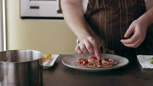 Chef garnishing raw meat dish in modern kitchen