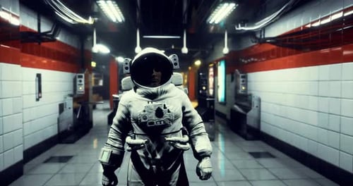 Astronaut Walking Through a Futuristic Corridor at a Space Station