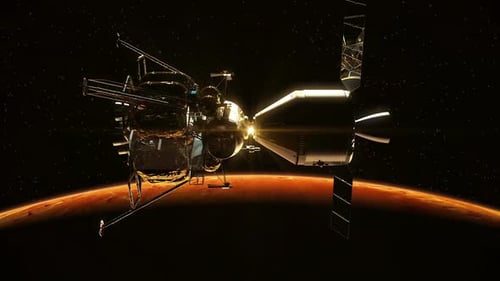 Spacecraft Orbiting Mars with Cinematic Sun Flare