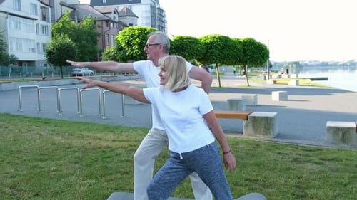 Elderly Married Couple is Exercising Doing Yoga Outdoors on the Green Lawn of the Park at Dawn