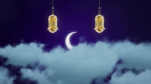 Ramadan Mubarak Elegant Greeting with Crescent Moon and Lanterns