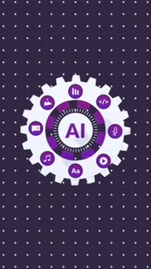 Vertical Animation Of Rotating Gear with Generative AI Icons Symbolizing Automation and Innovation.