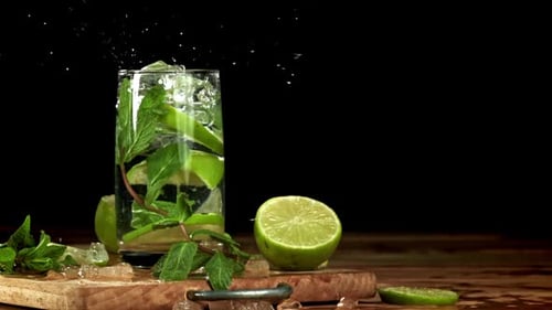 Ice Falls Into a Mojito Cocktail Filmed on a Highspeed Camera at 1000 Fps