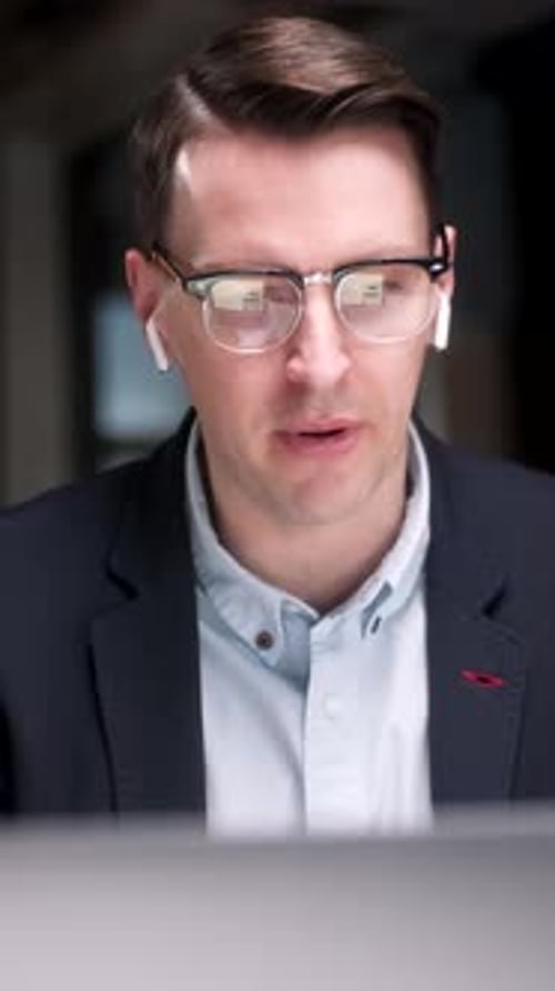 Business Man Talking On Video Conference Online In Office Handsome Worker Having Video Call On