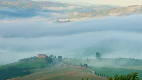 Tuscany Italy Foggy Landscape At Dawn