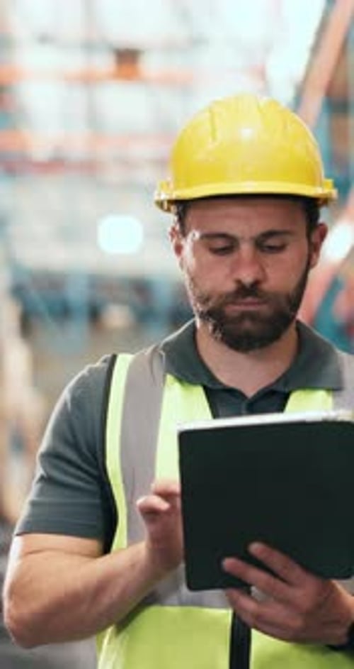 Man, inspection and tablet for logistics in warehouse of cargo, supply chain and inventory