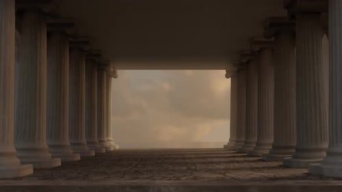 Wide Hall With Ionic Columns And View To Beautiful Sky