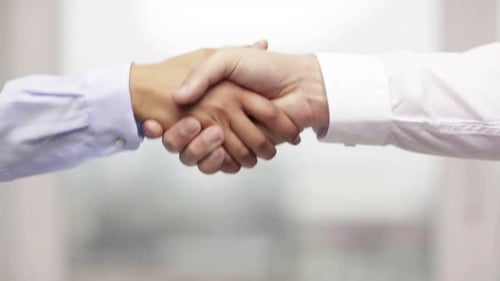 Business And Office Concept - Businessman And Businesswoman Shaking Hands In Office