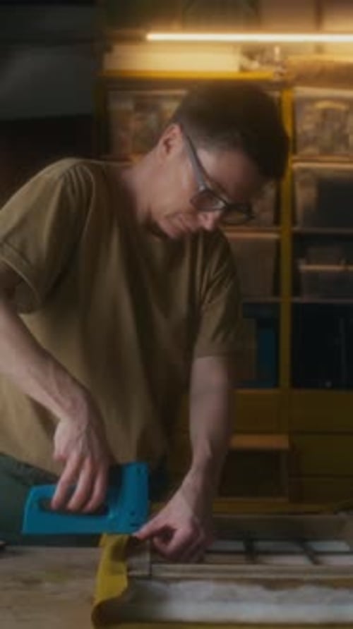 Man Using Staple Gun to Attach Yellow Fabric