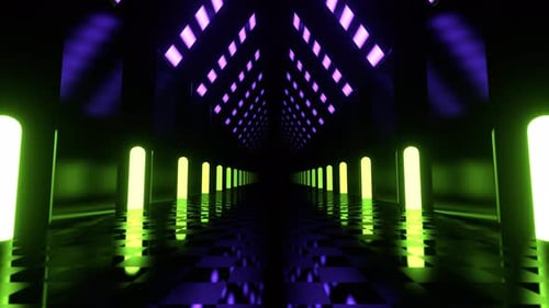 Purple And Light Green Corridor With Tall Neon Columns Background Vj Loop I 4K