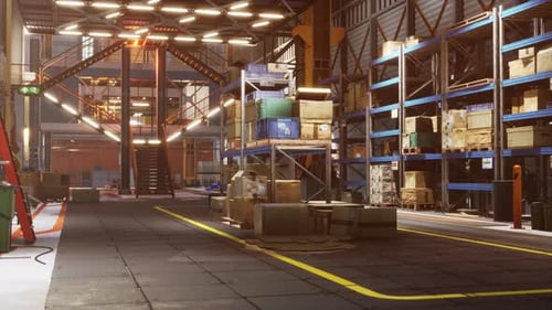 Modern Warehouse Shelves with Pile of Cardboard Boxes