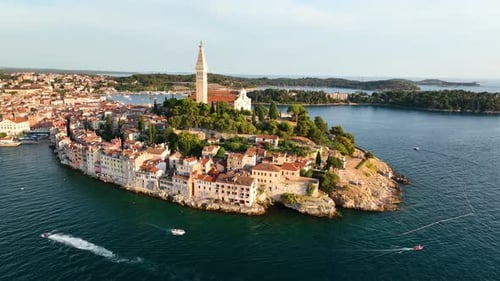 Rovinj, Croatia. Aerial view. Old historic buildings in the bay. Harbor with boats.