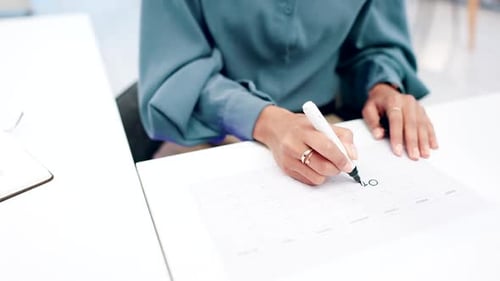 Hands, woman and writing for calendar planning, note schedule or tax reminder in office at work