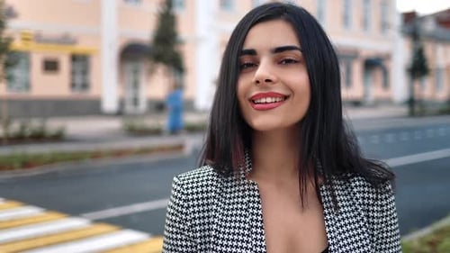 Fashionable Young Smiling Brunette Woman in Jacket Posing Outdoor City Street Crosswalk District
