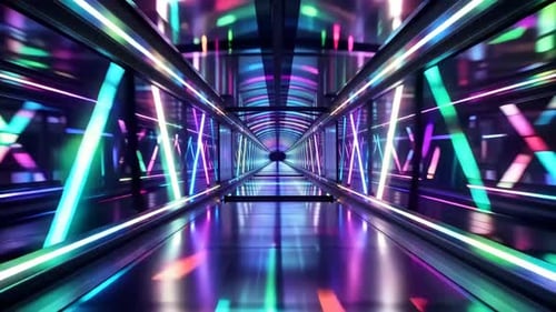 Cyberpunk Glowing Neon Hallway with Reflective Floor