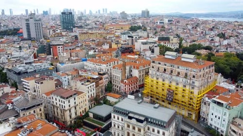 Old houses and mosques in European side of Istanbul, drone aerial view.