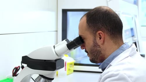 Wissenschaftler analysieren Proben mit modernem Mikroskop im Labor