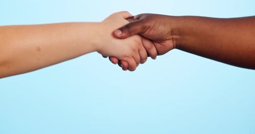 Teamwork, handshake and people in studio with thank you, congratulations