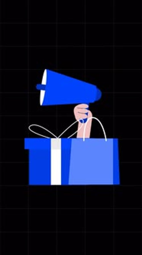 Animated Hand with Megaphone Emerging from Gift Box and Shopping Bag