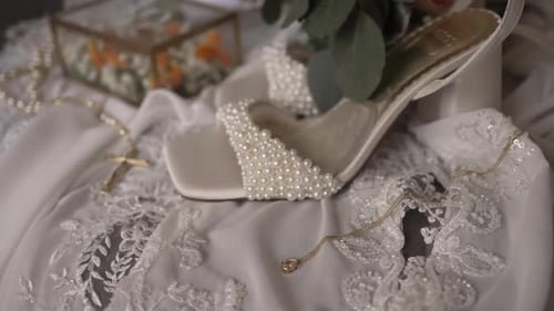 Glamorous Wedding Gown and Accessories Close Up