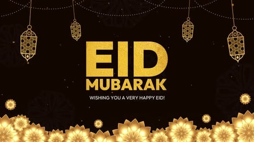 Animated Golden Eid Mubarak Greeting with Ornate Lanterns and Particles